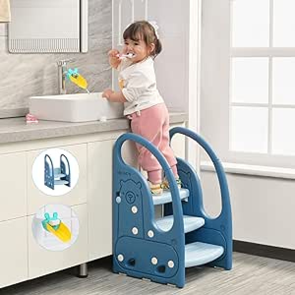 Onasti Kids Step Stool krēsls 3 pakāpju stāvs tornis maziem bērniem Plastmasas mācību palīglīdzeklis virtuvei, vannas istabas izlietne, tualete, podiņa apmācība ar rokturiem un neslīdošiem paliktņiem, zils