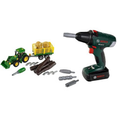 Theo Klein 3906 John Deere Tractor with Wooden and Hay Cart I Screw Set Including Screwdriver 3 and Over & 8567 Bosch Cordless Screwdriver with Rotating and Interchangeable Attachments from 3 Years