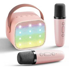 Karaoke iekārta ar 2 bezvadu mikrofoniem bērniem, pārnēsājama Bluetooth karaoke iekārta ar balss maiņas efektiem un LED gaismām zēnu meitenes dāvanas mājas ballītei (rozā krāsā)