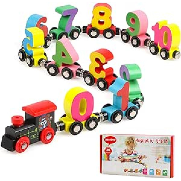 Jacootoys 12 Pieces Wooden Magnetic Number Train Set Includes 1 Motor Wooden Toy Cars with Numbers for Kids 3-5 Montessori Toys for Toddlers Boys Girls