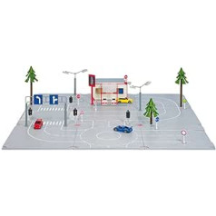 SIKU 5501, Set Stadt, 1:50, Kunststoff, Spielkombination 3 Grundplatten, 3 Spielzeugautos, Waschanlage, Straßenschildern, Ampel und Baum, Zum einfachen Zusammenstecken