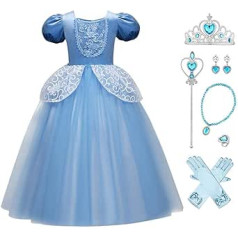 FYMNSI Cinderella Costume Dress for Children, Girls’ Fairy Tale Cinderella Carnival Princess Dress, Tulle Maxi Dress, Halloween, Birthday Party, Cosplay Tutu Ball Dress, Long Party Dress, Blue