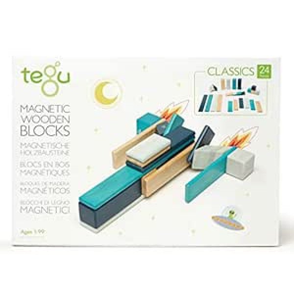 24 piece Tegu magnetic wooden block set, Shades of blue, Blues