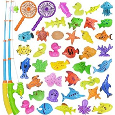 Fishing Toy, Bath Toy, 39 Pieces Magnetic Fishing Toy, Original Coloured Waterproof Floating Toy in the Bath, Educational Play Set for Learning to Fish