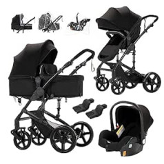 3-in-1 Combination Pushchair Travel Systems Standard Pram Buggy Newborn Portable Travel Pram Pushchair Foldable High Landscape Pushchair (588 Black New)