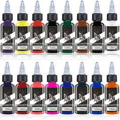 16 Bottles DLD Portrait Tattoo Pigment Set World Famous Tattoo Ink All-purpose Pure Black Ink Skin Safe Permanent Tattoo Supplies Body Painting Art (15 ml per bottle)