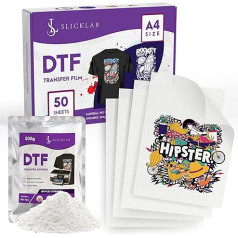 SlickLab A4 DTF Transfer Film and DTF Powder Bundle - 50 Sheets and 500 g DTF Transfer Powder for Sublimation - 8.3 x 11.7 Inches - Double-Sided DTF Paper with Excellent Ink Absorption