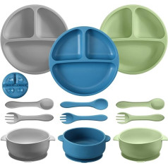 9 Piece Silicone Baby Bowls with Suction Cup for Babies Toddlers Divided Plate Baby Boys Girls Feeding Set with Spoon Fork Dishwasher Microwave Safe Matte Colors
