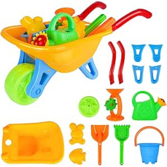 deAO 2 in 1 Sandspielzeug und Garten Set, Kinder Schubkarre, 7 Teile, Baby Schubkarre Gefüllt und Sandkasten Spielzeug für Strand Garten, ab 2 Jahr Garten Set (Plastik)