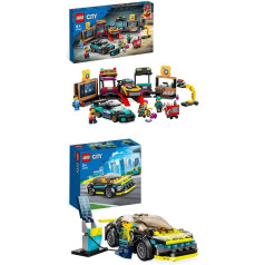 LEGO 60389 pilsētas automašīnu darbnīca, mehāniķu rotaļlietu darbnīca ar pielāgojamām rotaļu automašīnām zēniem un meitenēm no 6 gadu vecuma un 60383 pilsētas elektrisko sporta automašīnu komplektu