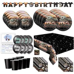 Baby Yoda Mandalorian The Child Themed Happy Birthday Party Supplies for Kids, Serves 16, Decor and Dinnerware with Balloons, Banner, Table Cover, Party Planner, Cups, Plates, Napkins, Stickers and