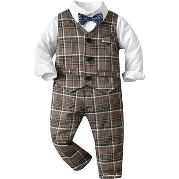 6M to 6 Years Bodysuits for Baby Toddler Boys Long Sleeve T Shirt Tops Plaid Vest Coat Pants Child Kids Gentleman Outfits