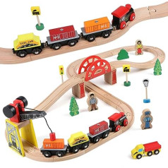 KABEFIS koka 39 daļiņu vilciena sliežu rotaļlieta ar celtņa tiltu un koka vilciena sliežu sliežu rotaļlieta bērniem