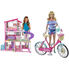 Barbie GNH53 Dreamhouse Adventures Dreamhouse Adventures 3 līmeņu leļļu māja 8 istabas un velosipēds — rozā rāmis, rotējoši pedāļi, komplektā ķivere un ziedu grozs, lellei Bārbijai, pārdod atsevišķi, DVX55