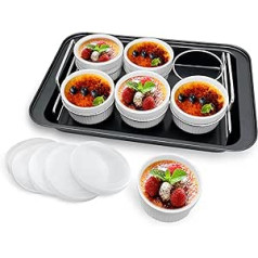 Plsfit Ramekin Set with 6 Silicone Lids, Creme Brulee Making Set, 304 Stainless Steel Lifting Rack and 25.5 x 37.3 cm Base Baking Pan, Set of 6 Porcelain (White)