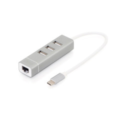 Centrmezgls/centrmezgls 3 portu ātrdarbīgs USB 2.0 ar C tipu un ātru Ethernet LAN adapteri, alumīnijs