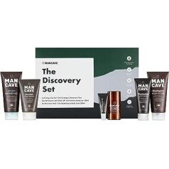 ManCave Discovery Gift Set of 6 Natural Care Essentials for Men, Shower Gel, Body Scrub, Deodorant, Eye Gel, Moisturizer, Face Wash, Sulfate Free, Vegan Friendly, Made