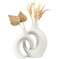 Ceramic Vase White Matt, Set of 2 Ceramic Vase for Pampas Grass, Vase with Hole White Boho for Storing Dried Flowers and Fresh Flowers, Flower Vase Decoration Living Room, Bedroom, Aesthetic Hollow Vases