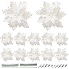 Toddmomy Poinsettia Flowers White 12 Pack Poinsettia Flowers Glitter Ziemassvētku mākslīgie ziedi Kāti un klipši Ziemassvētku dekorēšanai