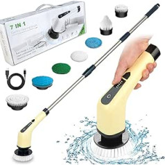Electric Spin Washer, Battery Cleaning Brush with 7 Interchangeable Drill Brush Heads, Tub and Floor Tiles, Power Scrubber Mop with Adjustable Handle for Bathroom, Kitchen, Car (Yellow)