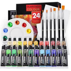 CHUMIRRY KIDS 24 Colours Glass Paint with 6 Brushes and 1 Palette, Waterproof Acrylic Enamel Painting Kit, Glass Colour Paint for Wine Bottle, Light Bulbs and Ceramic