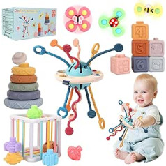 5-in-1 Montessori Toy from 6 9 12 Months, Toy from 1 2 3 Years Motor Skills Toy from 10 Months Sensory UFO Pull Cord Toy Stacking Toy Suction Cup Toy Motor Skills Cube Baby Gift