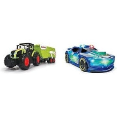 Dickie Toys -CLAAS traktors ar piekabi (64 cm) liels rotaļu traktors un gaismas strīpas policija, gaiša policijas automašīna, sacīkšu automašīna ar berzes piedziņu