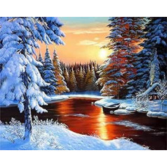 YEESAM ART DIY Oil Painting by Numbers Adults Children Sunset Lake Winter Forest Number Painting from 5 Oil Wall Art (Lake with Frame)