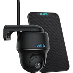 Reolink 2K 4MP saules novērošanas kameras āra akumulators, 355°/140° grozāma WiFi kamera ārā ar 2,4/5GHz WiFi, personas/transportlīdzekļa noteikšana, PIR kustības sensors, Argus PT (melns) ar saules paneli