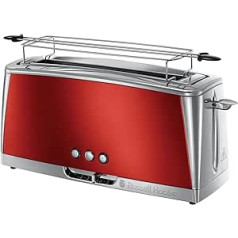 Russell Hobbs Luna 23250-56 Toaster Long Slot for 2 Slices / 1 Wide Bread Slice Stainless Steel Red (Extra Wide Toast Slot, Includes Bun Attachment, 6 Browning Levels + Defrost & Reheat Function)