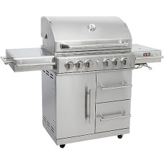 Mayer Barbecue Zunda MGG-442 galvenais gāzes bārbekjū ar aizmugurējo degli, grila ratiņi, 4 galvenie degļi, 1 aizmugures deglis, 1 sānu deglis, nerūsējošais tērauds, grila virsma 70 x 45 cm