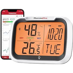 ThermoPro TP393 Bluetooth termometrs iekštelpu higrometrs, uzlādējams telpas termometrs ar laiku nakts gaismas mitruma mērītājs ar termometru iekštelpu biroja lielam displejam