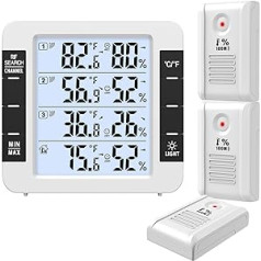 Brifit iekštelpu/āra termometrs, digitālais termometra higrometrs, iekštelpu un āra termometrs ar fona apgaismojumu, minimālais/maksimālais, °C/°F slēdzis, 3 sensori, bērnu istabai, viesistabai, birojam utt.