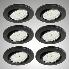 Trango 6729-065GUSDAK 6 LED griestu prožektoru komplekts melns, matēts, apaļš, ieskaitot 6 x 5 vatu 3 līmeņu regulējamu GU10 LED spuldzi 3000 K, silti balts padziļināts prožektors, padziļināts prožektors, griestu prožektori