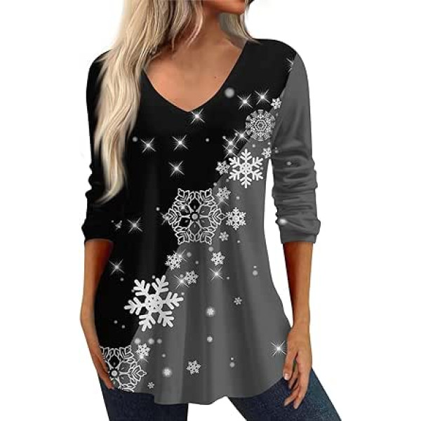 Christmas Jumper Women's Elegant Christmas 3D Print V-Neck Long Sleeve Basic T-Shirt Christmas Tunic Tops Autumn Winter Warm Blouse Tops Christmas Jumper Casual Long Sleeve Sweatshirts