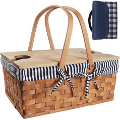 4 Person Picnic Basket, Handmade Picnic Basket with Solid Table, Woven Basket with Double Swing Handles, Picnic Mat, Large Basket for Picnic, Camping, Wedding Gifts for Couples