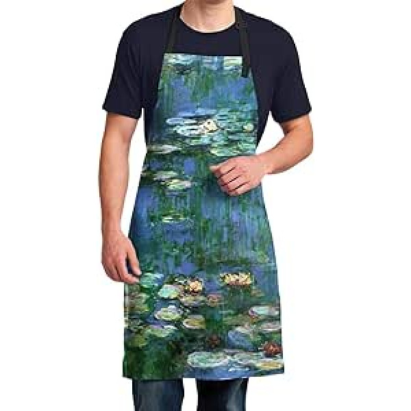 FunindDIY Adjustable Bib Apron - Extra Long Ties Funny Water Drop Proof Kitchen Aprons for Cooking, Grilling and Baking, Unisex One Size Claude Monet Water Lilies