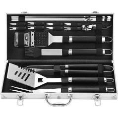 Grilljoy 20 Piece BBQ Tool Set - Extra Thick Stainless Steel Fork, Spatula, Tongs and Cleaning Brush - Complete BBQ Utensil Set in Aluminium Storage Box - Perfect BBQ Gift for Men