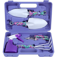 Coolty 5 Piece Garden Tools Set, Garden Hand Tools with Purple Floral Print, Ergonomic Handle, Shovel, Spade, Rake, Harrow, Trowel, Garden Shears, Sprayer, Garden Gift Set