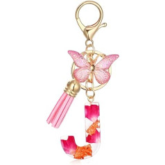 MWOOT Letter Keychain Initial Keyring Letter J, Alphabet Resin Letter with Flower Key Chain with Butterfly Tassel Pendant Handbag Charm, Pink Petal Keyring for Women (J), multicoloured