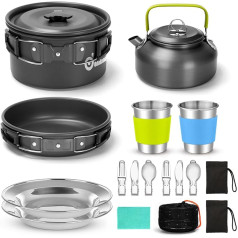 Odoland Camping Geschirr Set Camping Kochset für 2 Personen Töpfen mit Camping Teekessel Campingbesteck und Becher Leicht Aluminum Campingtöpfe Set Faltbare Kochgeschirr für Camping Outdoor Kochen