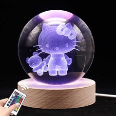 3.15 inch Kitty 3D Crystal Ball Lamp with Wooden Base, 16 Colours Dimmable LED Crystal Ball Lamp with Remote Control, Figures Night Light Decoration, Birthday Gift for Boys and Girls