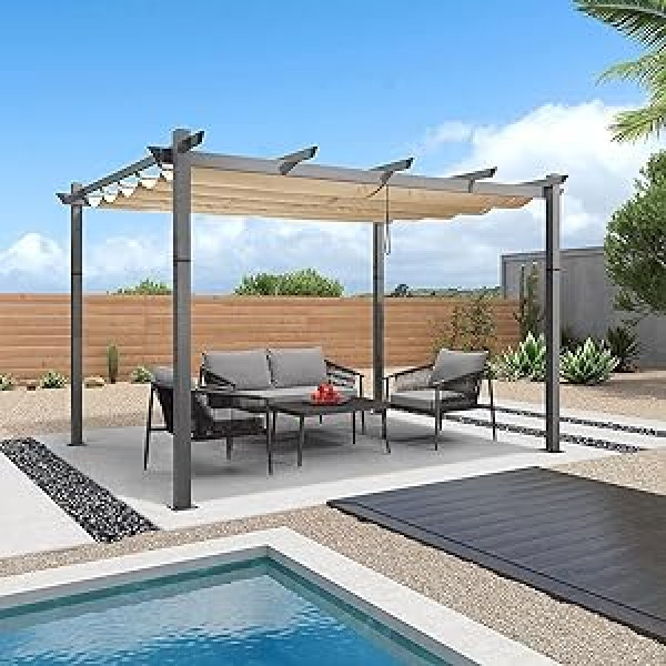 PURPLE LEAF 3 x 4 m Pergola, Aluminium Gazebo, Wood Look, Waterproof, Stable, Winter-Proof, Garden Gazebo with Sun Protection Canopy, Beige