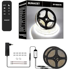 BUNACET COB LED sloksne 12 m 24 V aptumšojama auksti balta 6500 K, gaismas josla LED sloksne, pašlīmējoša 5760 gaismas diodes ar barošanas avotu un RF tālvadības pulti virtuvei, guļamistabai, viesistabai, skapim, iekštelpām