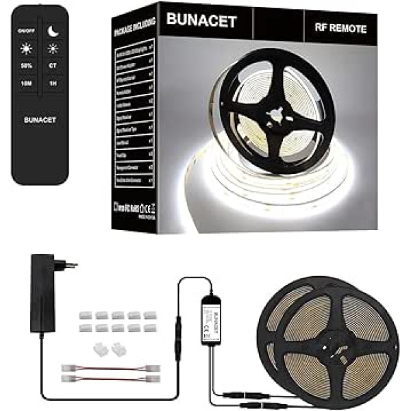 BUNACET COB LED sloksne 12 m 24 V aptumšojama auksti balta 6500 K, gaismas josla LED sloksne, pašlīmējoša 5760 gaismas diodes ar barošanas avotu un RF tālvadības pulti virtuvei, guļamistabai, viesistabai, skapim, iekštelpām