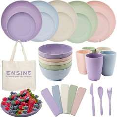 42-piece camping tableware set, ENSINE premium plastic tableware sets with carry bag, unbreakable picnic tableware for 5 people, lightweight, 100% safe plastic plates, cups, bowls and cutlery set