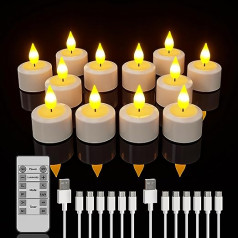 Yme Rechargeable Tea Lights with Timer Remote Control, Pack of 12 LED Candles with Timer Function, Flickering Flame, 6-in-1 Charging Cables for Living Room, Room, Halloween, Christmas, Seasonal Party