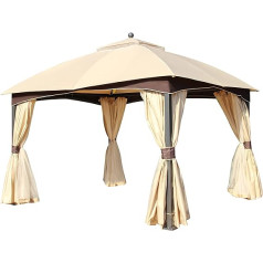 Outsunny Gazebo Garden Gazebo 3 x 4 m Garden Tent Marquee Party Tent with 4 x Side Walls Mosquito Net Breathable Double Roof Metal Polyester Khaki + Brown