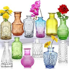 Vases Set of 12 Mini Vases Glass Colourful Flower Vase Glass Bottles Small Bottle Table Vases Table Decoration in Various Shapes Decoration for Living Room Bathroom Coloured