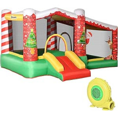 Outsunny Ziemassvētku piepūšamā bouncy Castle batuts, mazs slide bumbuļu bedre 3 bērniem lecošā pils ar ventilatoru 3-8 gadiem Oksfordas audums poliesters sarkans + zaļš 325 x 270 x 175 cm